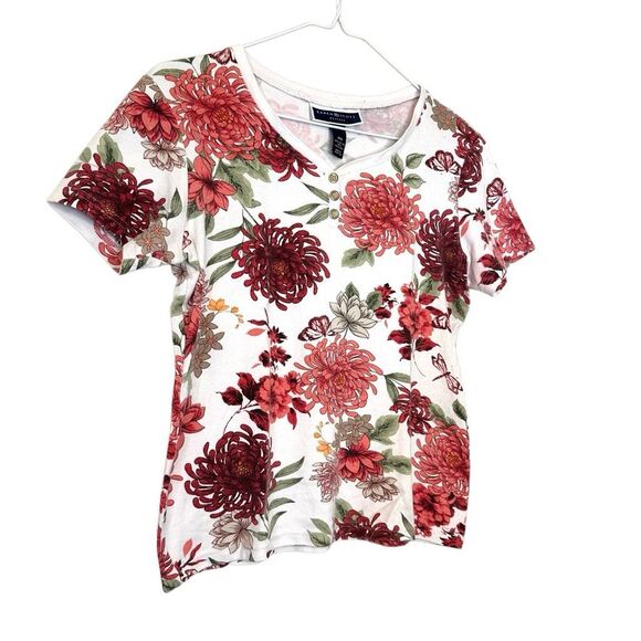 Karen Scott Floral Tropical Short Sleeve Cotton Blend Henley T-shirt Size PM - Picture 3 of 4